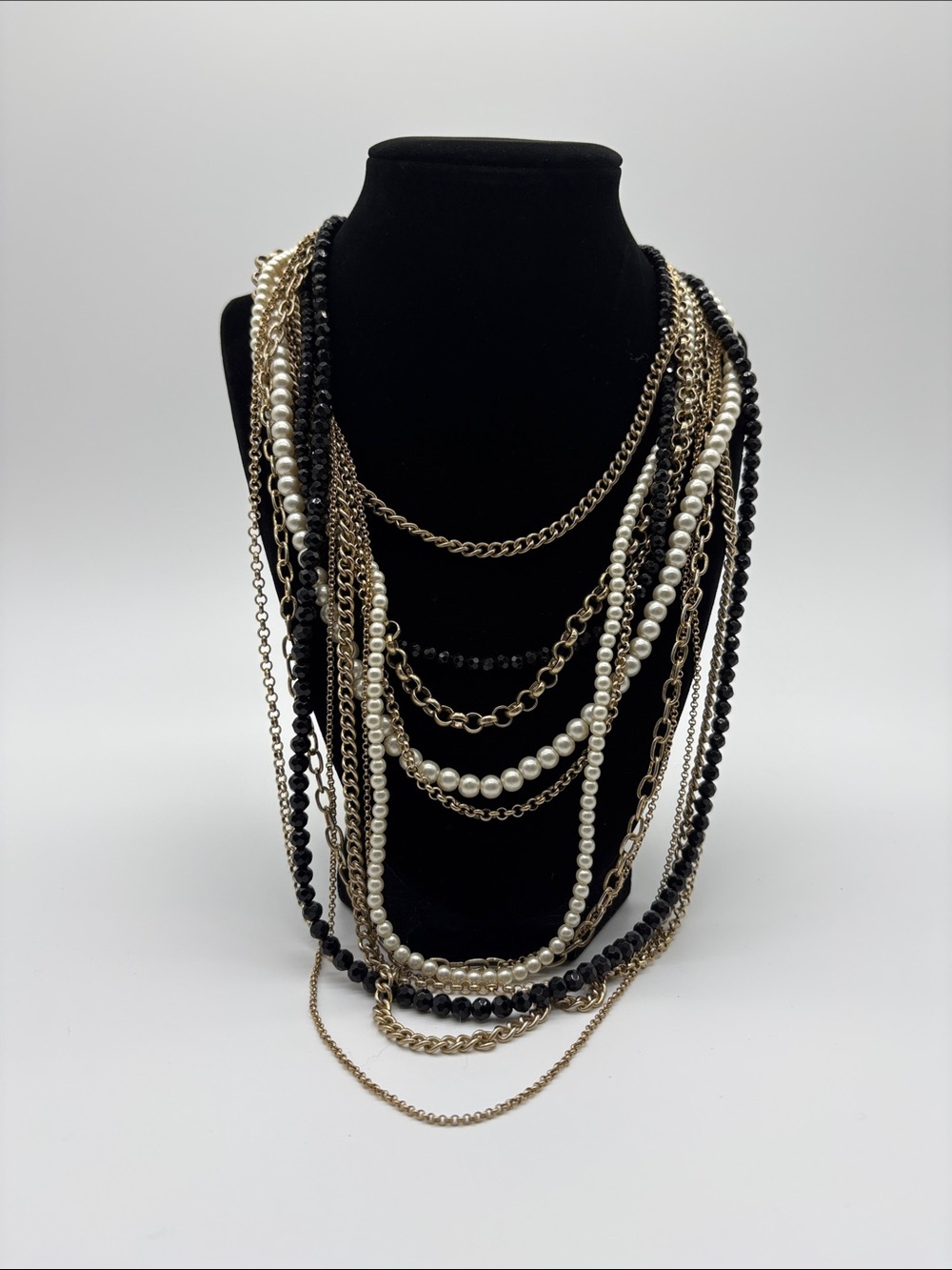 St Thomas Black Bead Faux Pearl Gold Multi-Strand Layered Necklace